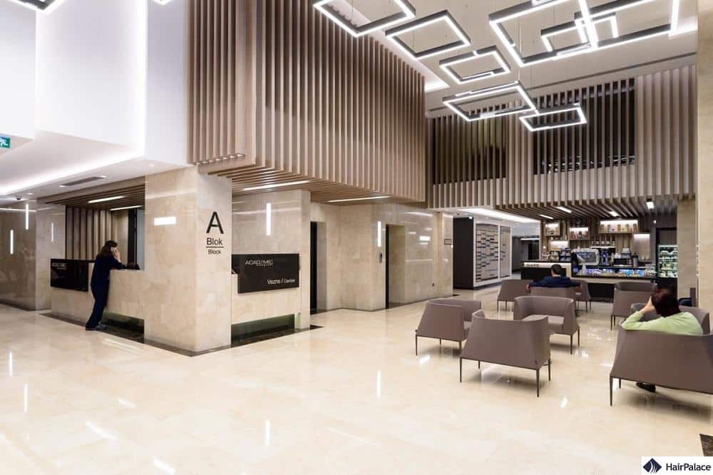 The lobby of EsteNove hair transplant clinic in Turkey